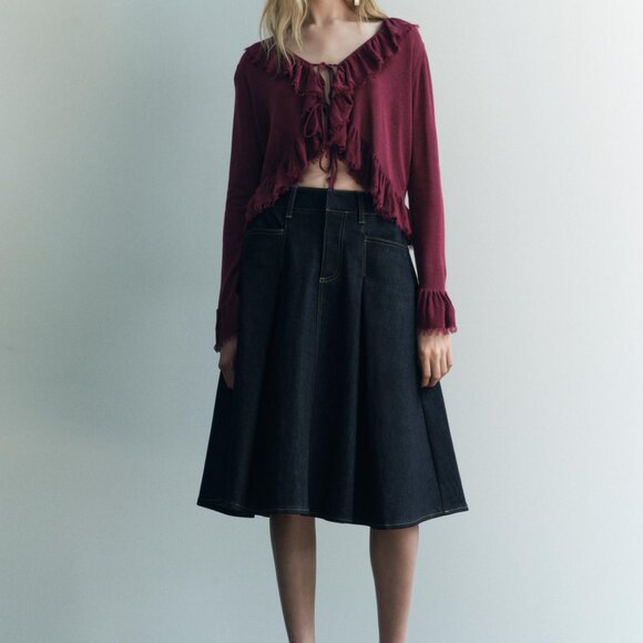 ZARA BURGUNDY KNIT CARDIGAN BLOUSE WITH RUFFLES - Picture 3 of 7